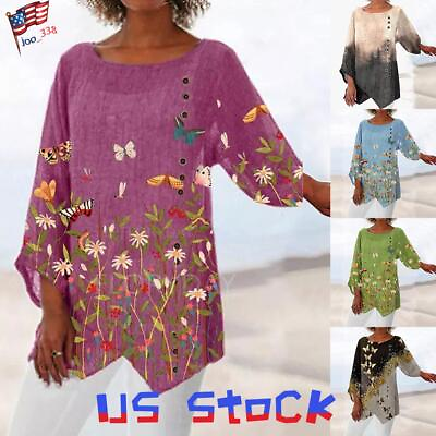 #ad Plus Size Womens Floral Tunic Tops Crew Neck Casual 3 4 Sleeve Blouse T Shirt $20.70