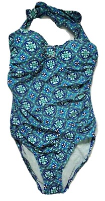 #ad Assets Swimsuit One Piece Small Halter Top Blue Geometric Designs Sara Blakely $15.00