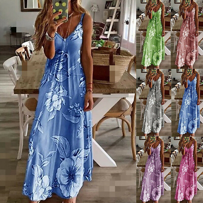 #ad Summer Women Boho Beach Long Dress Floral Print Strap Sleeveless Dress Sundress $24.49