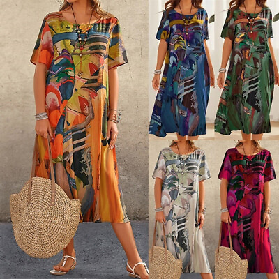 #ad Boho Women Floral Print Summer Crew Neck Sundress Short Sleeve Loose Dress Beach $26.39