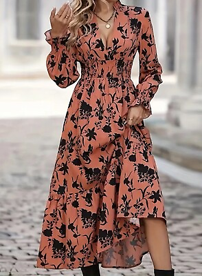 #ad New Women#x27;s Floral Print V Neck Long Sleeve Maxi Dress Shirred Waist Ruffled XL $32.95