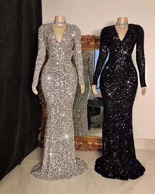 #ad Women Long Sleeve Sequin Dress Evening Dress Party Maxi Dress Trailing Dresses $111.39