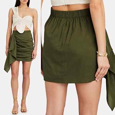 #ad NEW Rhode Hannah Ruched Asymmetrical Drape Cotton Green Mini Skirt $180.00