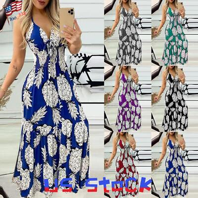#ad Womens Boho Halter Neck Long Maxi Dress Ladies Summer Holiday Printed Sundress $17.99