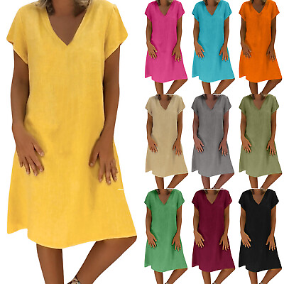 Summer Women Casual V Neck T Shirt Dress Cotton Plus Size Short Dress $16.99