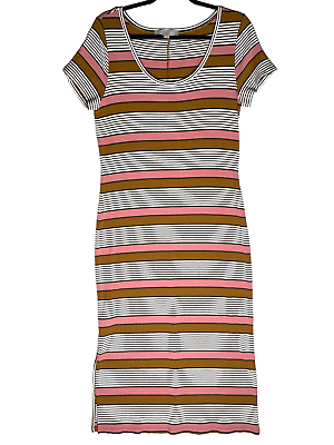 #ad LOFT Ribbed Knit Maxi Dress Striped Side Slit Large White Peach Mustard $17.50