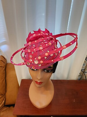 Women Church Hats Satin Ribbon Hot Pink Accented With Rhinestones And Pearls $120.00