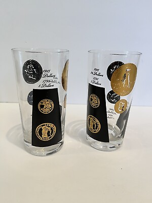 2 TUMBLER GLASSES Mid Century Black amp; Gold Coin Highball Cocktail 12 oz. $10.95