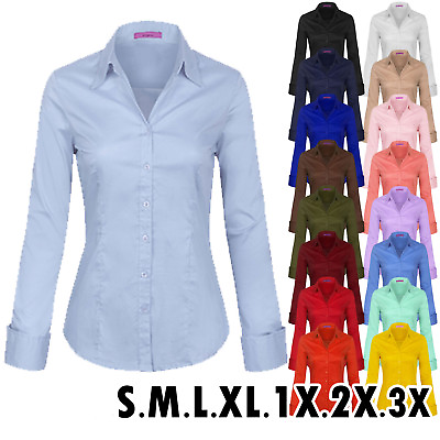 KOGMO Women#x27;s Solid Long Sleeve Button Down Office Blouse Dress Shirt S 3X $25.99