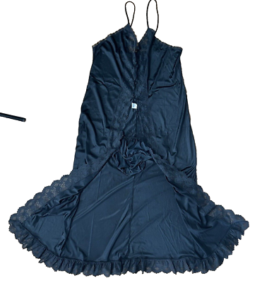 #ad Vtg Sears Womens XL Black Sexy Lingerie Set Long Nylon Strappy Open Button Top $37.99