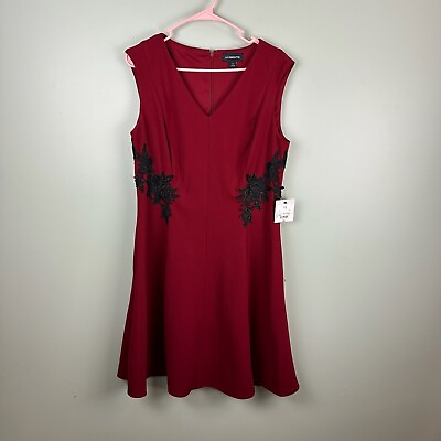 #ad Liz Claiborne Dresses Red Garnet Beaded Black Flowers Evening Dress Size 12 $26.99