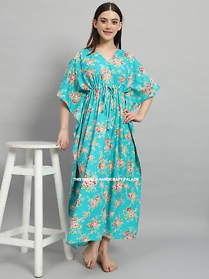 #ad Womens Long maxi dress cotton Kaftan Woman Floral print Summer Dress Turquoise $33.99