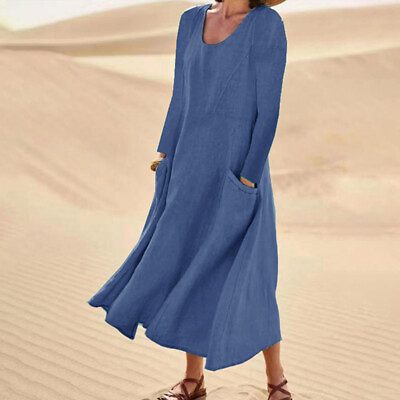 #ad Women Round Neck Long Sleeve Maxi Dress Casual Swing Solid Holiday Pocket Dress $27.83