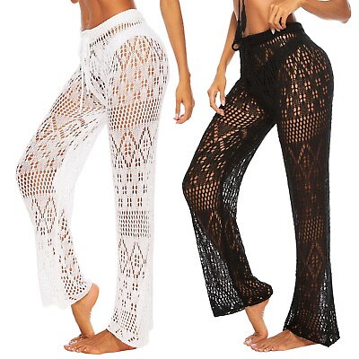 #ad Womens Cover Up Pants Sexy Hollow Out Crochet High Waist Mesh Beach Bikini $14.67