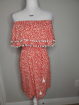 LOFT Beach Women’s Dress Floral Pompom Size XS Off The Shoulder Orange $69.50 $25.00