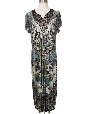 #ad Apt 9 Maxi Dress 1X Green Brown Sublimated Embroidered Short Sleeve Paisley $14.68