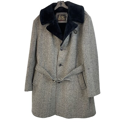 #ad Mens VTG 60s Sears Size 44 wool Overcoat Winter Herringbone Tweed Fur 6915 $79.00