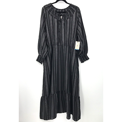 #ad Terra amp; Sky Peasant Tiered Boho Maxi Dress Black Ikat Striped 2X NEW $19.96