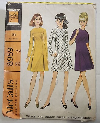 Vintage McCall#x27;s 8959 Misses#x27; and Junior Dress in Two Version Size 12 1967 $6.37