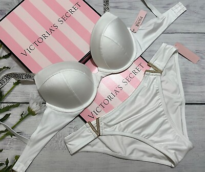#ad Victoria’s Secret Shine Strap Sexy Tee Push Up Bikini Cheeky SWIM Set White $90.00