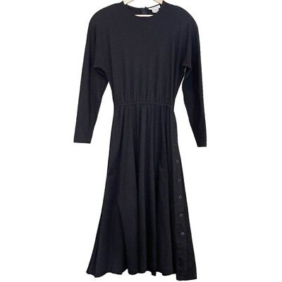 #ad Talbots VTG Long Sleeve Elastic Waist Black Maxi Dress Size M Button Details $34.90