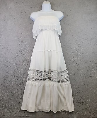 #ad Forever 21 Women’s Maxi Dress Size Small White Tiered Strapless Crochet Sheer $23.75