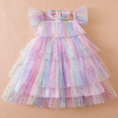 #ad Girl Sequin Rainbow Princess Dress Fancy Unicorn Mesh Party Cake Clothes Summer $28.74