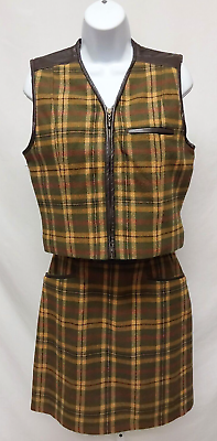 Casual Corner Wool Brown Plaid Crop Zip Up Vest amp; Skirt Set Womens Size 6 $25.00