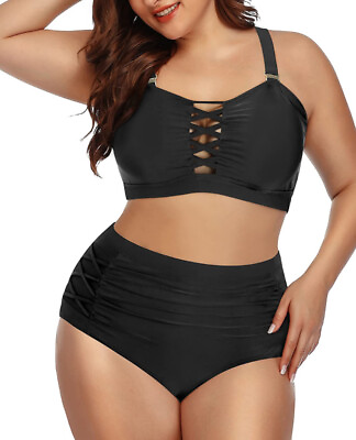 #ad Daci Women Plus Size Bikini High Waisted Swimsuit Ruched Lace Up 2pc Swimsuit Lg $19.99