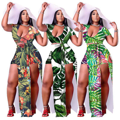 Women Plus Size Leaves Print Short Sleeve Tied Top High Slit Skirt Set Two Piece $53.96