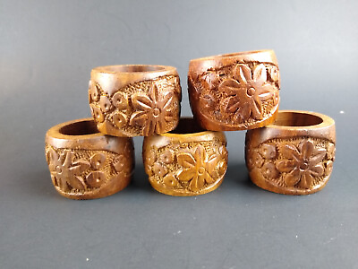 #ad 5 Wood Hand Carved Napkin Rings Floral Boho Natural Organic Hippie Retro Vintage $8.99