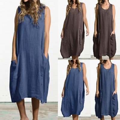 Women Sleeveless Midi Dress Italian Pocket Plus Sundress Tank Linen Cotton Summe $18.88