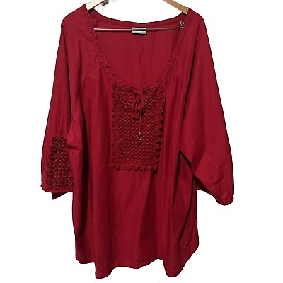 #ad Catherines Tunic Blouse Womens Burgundy Laser Cut Lace Tie Front Casual Boho 4X $12.50