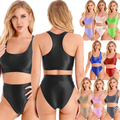 #ad US Womens 2 Piece Bikini Set Glossy Tank Crop Top Breifs Swimsuit Bathing Suit $12.23