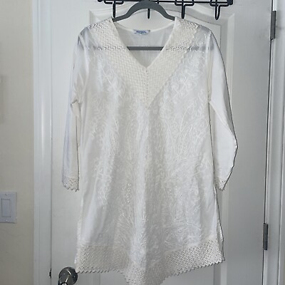 #ad Blue Island White Lace Cutout Swim Beach Cover Up Tunic Dress M Medium $29.99