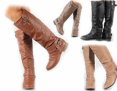 #ad #ad NEW Women#x27;s Zipper Military Low Flat Heel Buckle Riding Knee High Boot Shoes $32.19