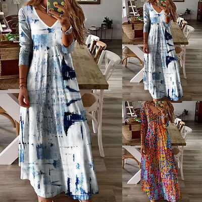 #ad Women#x27;s Long Sleeve Boho Maxi Dress Evening V Neck Party Beach Dresses Sundress $31.18