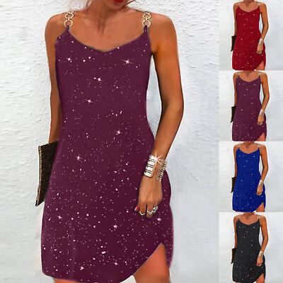 Women#x27;s Summer Printed Sleeves Slip Dress Glitter Evening Cocktail Party Dresses $17.19
