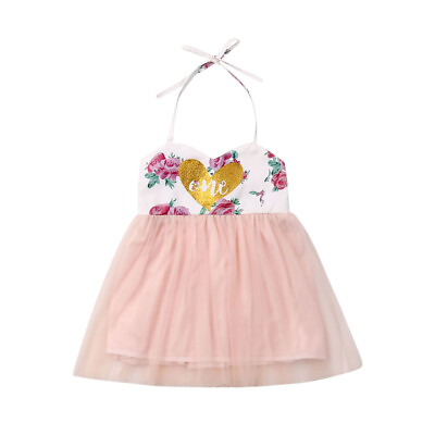 #ad Baby Girls Summer Halter Floral Heart Print Patchwork Sleeveless Tutu Dress $6.99