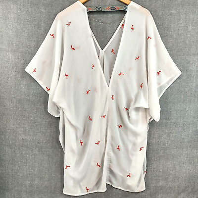 #ad Swimsuit Cover Up Womens Large White Sheer Pink Flamingo Flowy Beach Wide Sleeve $29.70