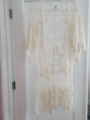 #ad Long Lace Kimono Swim Cover up Size Small Medium Ivory $12.00