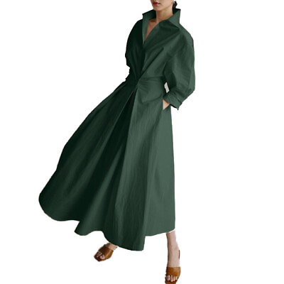 #ad Women Casual Maxi Shirt Dress Loose Cotton Linen Swing Sundress Long Sleeve $38.35