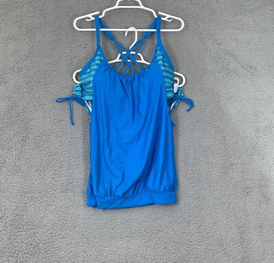 #ad Women#x27;s Blue Striped Tankini Set Strappy Top Bikini Bottoms Beach Swimwear $14.00