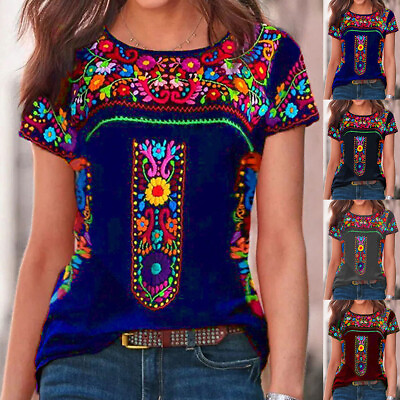 #ad Womens Boho Floral T Shirt Ladies Casual Loose Tunic Tops Short Sleeve Blouse $16.19