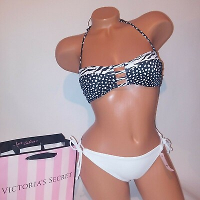 #ad Victoria Secret Swim Bikini Small Top amp; Bottom Black White Bandeau Animal New $49.49