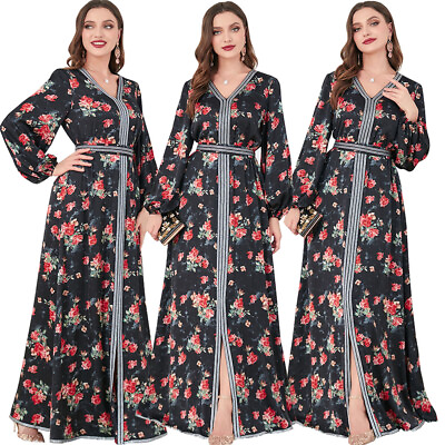 #ad Dubai Women Long Sleeve Maxi Dress Floral Print Kaftan Robes Cocktail Party Gown C $57.73