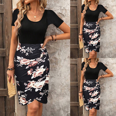 #ad Women Summer Floral Bodycon Dress Short Sleeve Holiday Slim Evening Party Dress $18.87