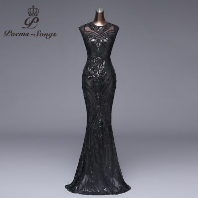 #ad Elegant Long Black Sequin Evening Dress Robe Longue Prom Gown Formal Party Dress $96.80