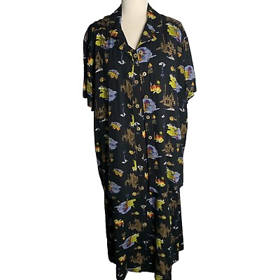 #ad Vintage 90s Carole Little Dress Shirt Set L Black Button Up Short Sleeve Rayon $35.00