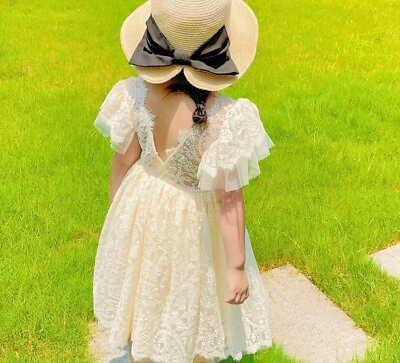 #ad Flare Sleeve Lace Dress Solid Patterned Summer O Neck Dress Cotton Gown For Girl $69.69